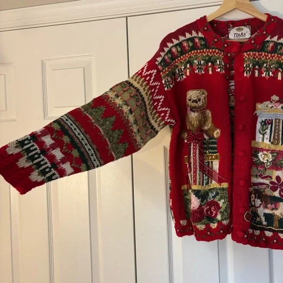 Vintage Tiara Hand Knit Heritage Ramie Cotton Hand Knit Christmas Cardigan M Red - Picture 2 of 5